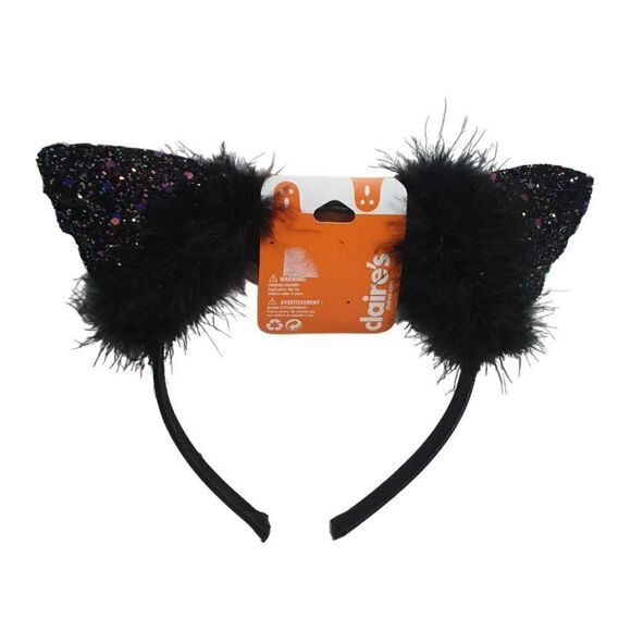 Sparkle Black Glitter Fuzzy Feathers Cat Ears Headband NWT - Picture 3 of 7